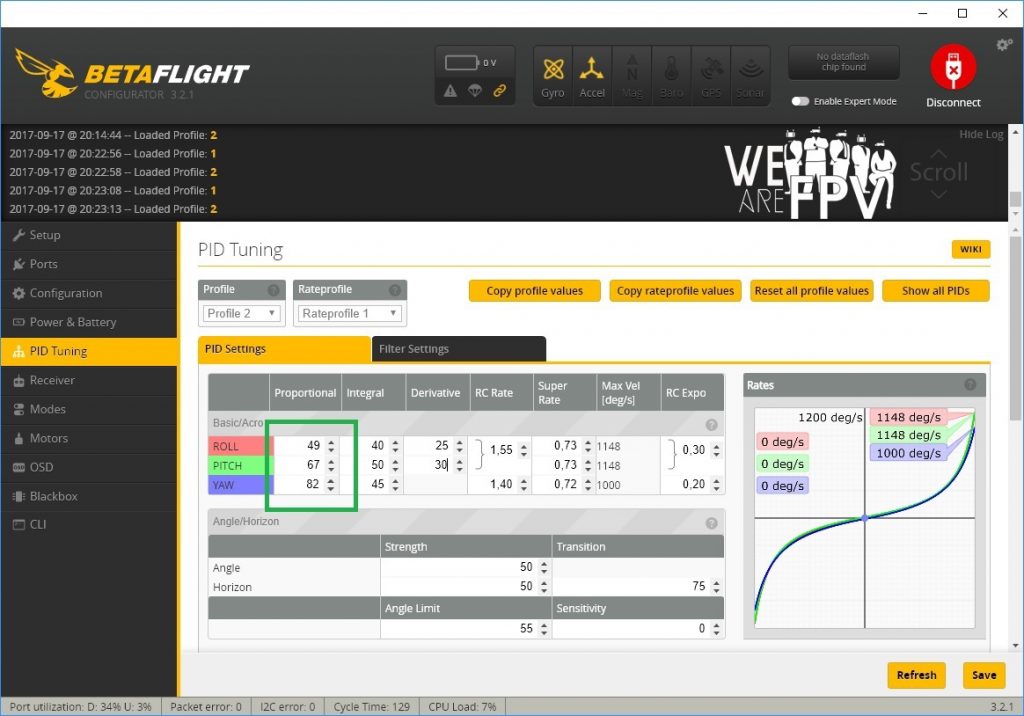 BetaFlight 3.2 réglages PID - monter les P