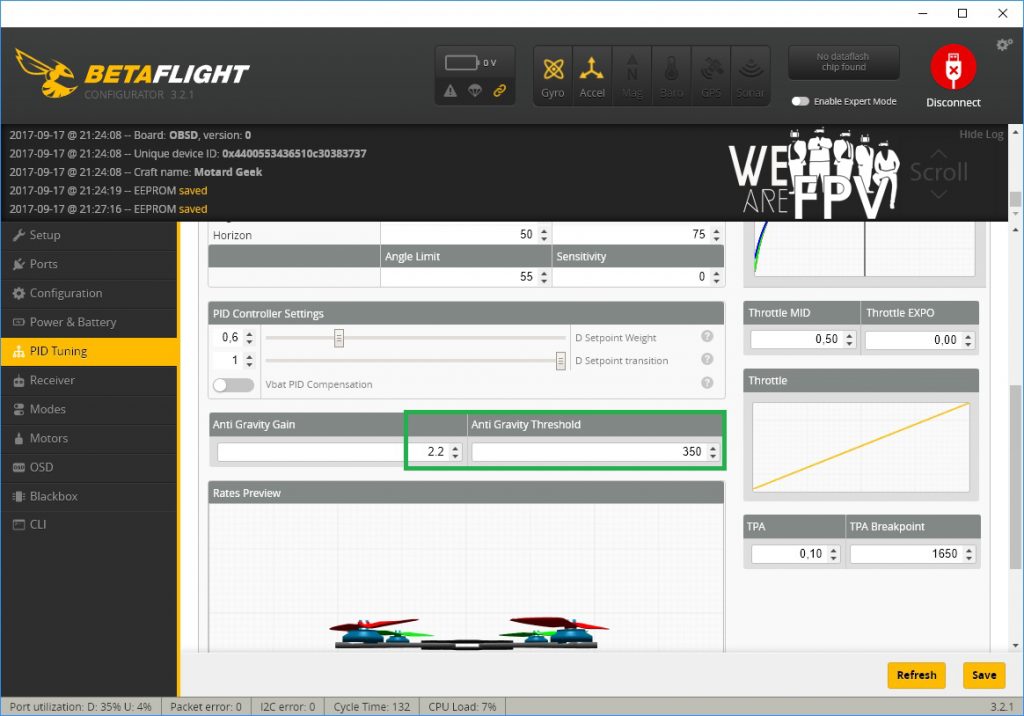 BetaFlight 3.2 réglages PID - réglage anti-gravity gain threshold