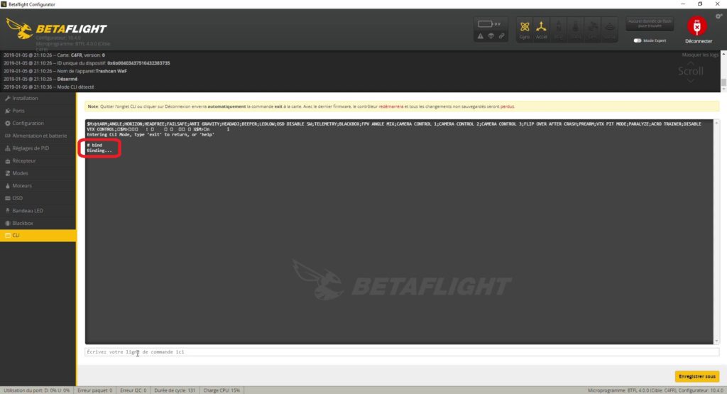 tuto betaflight 4 bind command