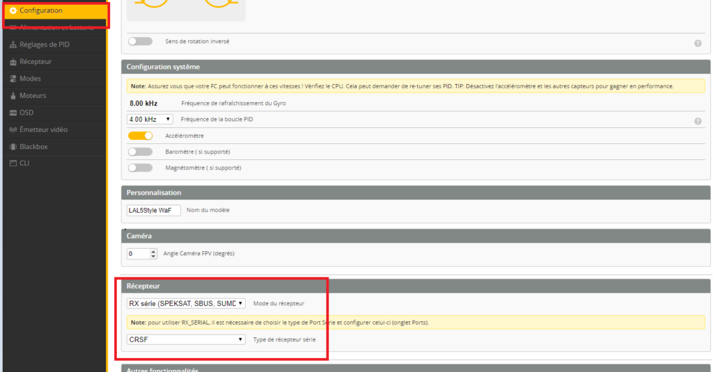 configuration récepteur tbs tracer betaflight