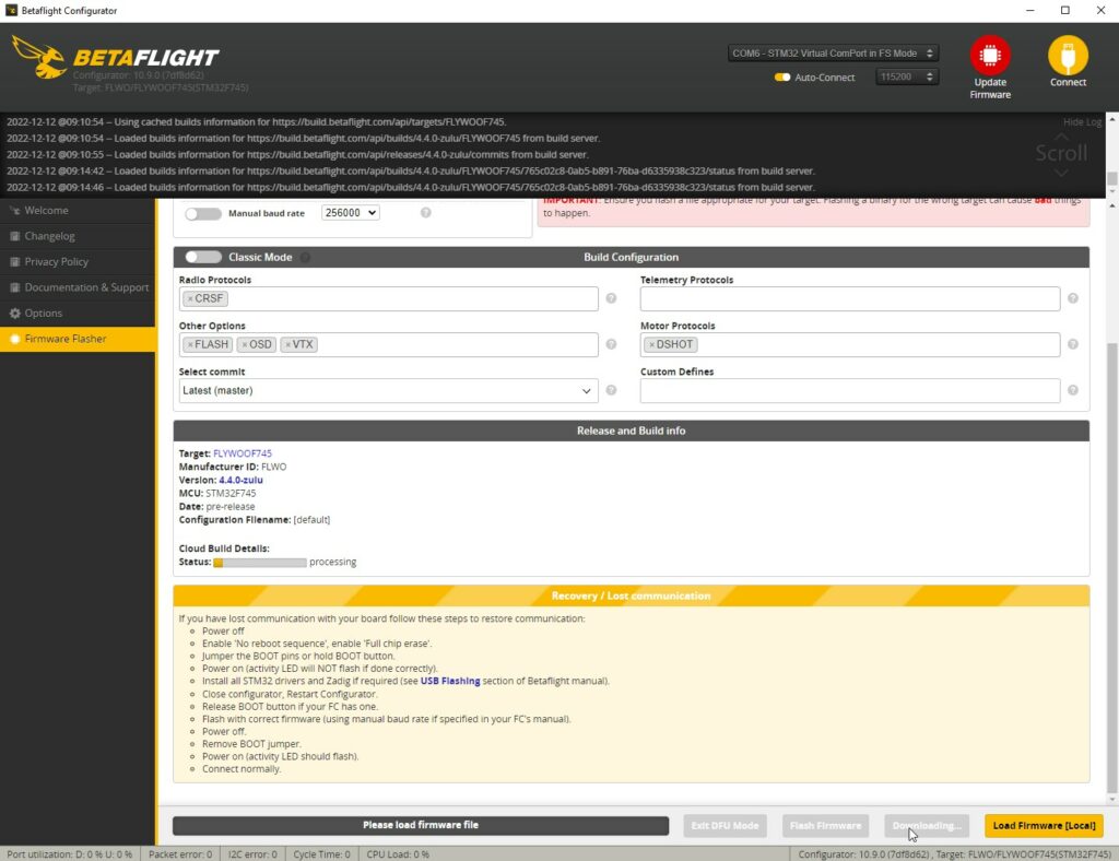 BetaFlight 4.4 Load Firmware